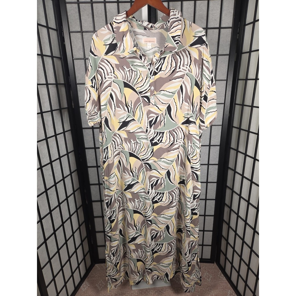 Stan Herman Resort Women L Abstract Tropical Leaf Print Rayon Maxi Lounger Dress